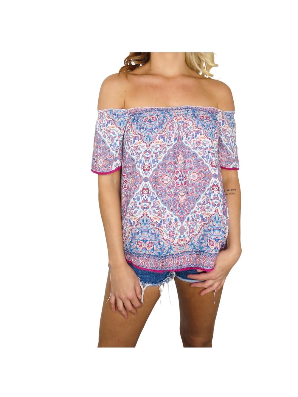 Heartloom Anthropologie Pink & Blue Paisley Off-Shoulder Top XS Boho